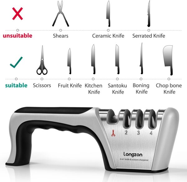 4-in-1 Knife Sharpener [4 stage] with a Pair of Cut-Resistant Glove, Original Premium Polish Blades, Best Kitchen Knife Sharpener Really Works for Fruit Knife and Steel Knives, Scissors. - Image 3