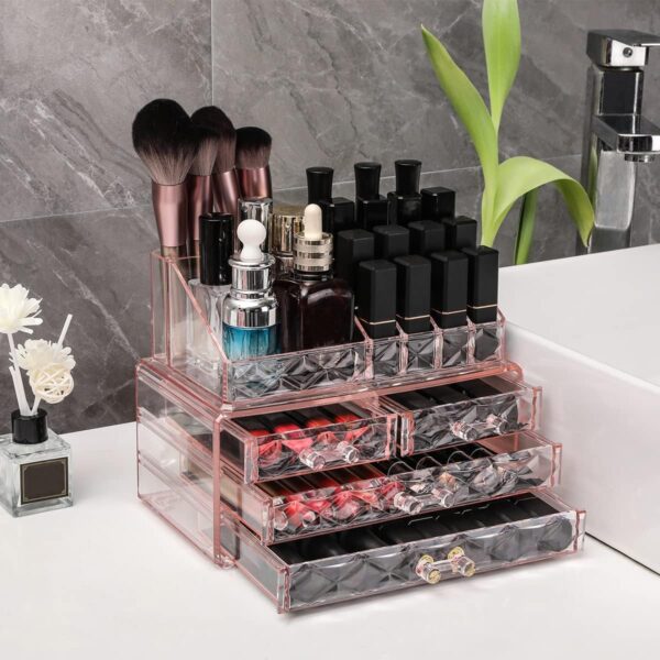 ZHIAI Makeup Organizer, Makeup Storage Organizer with Drawers, Easy Storage for Beauty Products Brushes 14 lipstick Compartments Cosmetic Display Cases for Dressers, Bathrooms and Jewelry Organizers - Image 6