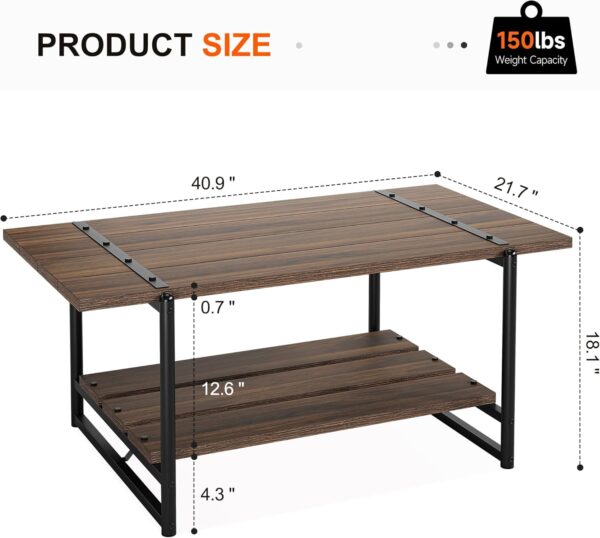 2-Tier Modern Industrial 41'' Large Wood Coffee Table with Storage Shelf - Rustic Metal Rectangle Center Living Room Coffee Table Accent Furniture for Home Office, Brown Walnut - Image 9