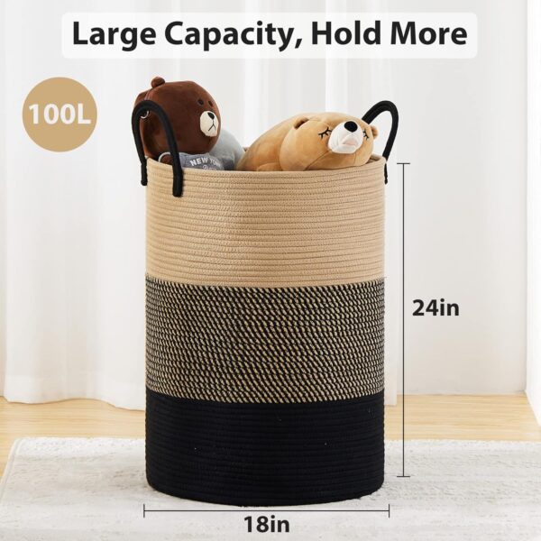 100L Extra Large Laundry Hamper Basket, 26.4Gal Tall Woven Laundry Basket Storage, Baby Nursery Hamper for Blankets, Clothes Hamper for Bedroom and Living Room Organizing, Brown & Black - Image 4