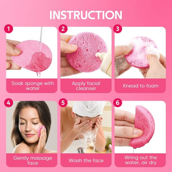 50-Count Compressed Facial Sponges for Daily Facial Cleansing and Exfoliating, 100％ Natural Cosmetic Spa Sponges for Makeup Remover, Reusable, Pink - Image 3