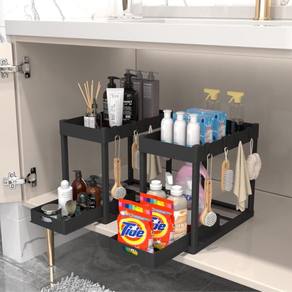 2PC Under Sink Organizer Rack 2 Tier Under Sliding Cabinet Basket Organizer Drawer with 4 Hooks, Multi-purpose Under Sink Storage for Bathroom Kitchen Desktop（Black） - Image 4