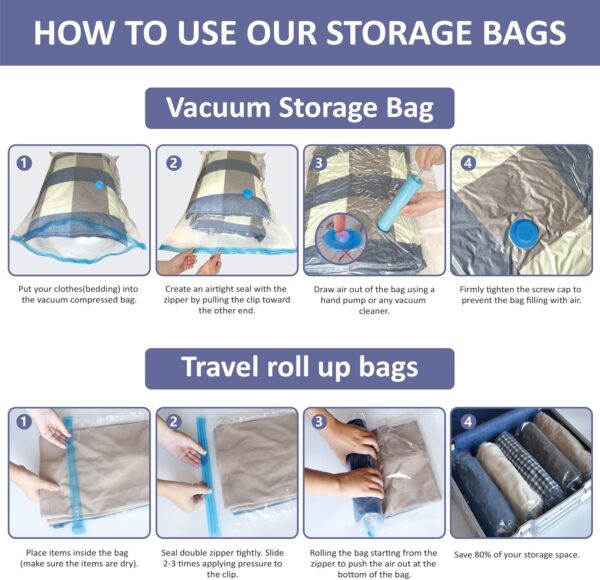 25 Pack Space Saver Bags (5 Jumbo/5 Large/5 Medium/5 Small/5 Roll) Compression Storage Bags for Comforters and Blankets, Vacuum Sealer Bags for Clothes Storage, Hand Pump Included - Image 6