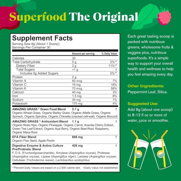 Amazing Grass Greens Superfood Powder: Greens Powder with Digestive Enzymes & Probiotics, Organic Spirulina, Chlorella, and Beet Root Powder, Original, 30 Servings - Image 4