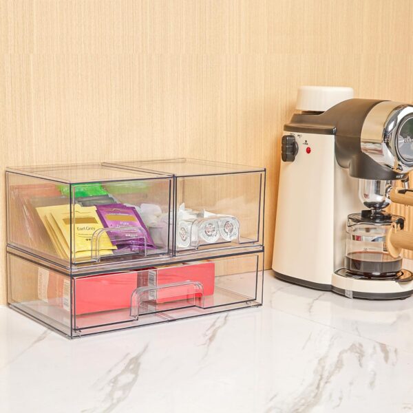 Vtopmart 4 Pack Clear Stackable Storage Drawers, 4.4'' Tall Acrylic Bathroom Makeup Organizer,Plastic Storage Bins For Vanity, Undersink, Kitchen Cabinets, Pantry, Home Organization and Storage - Image 7