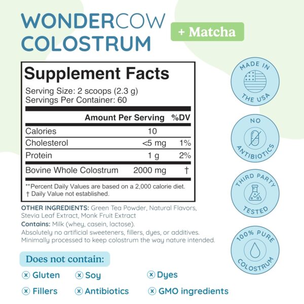 WONDERCOW Colostrum Supplement Powder for Gut Health, Immune Support, Muscle Recovery & Wellness | Natural IgG Pure Whole Bovine Colostrum Superfood, Matcha, 60 Servings - Image 2