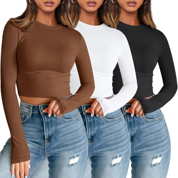 AUTOMET 3 Pack Womens Long Sleeve Shirts Y2K Going Out Crop Tops Cute Basic Slim Fitted Fall Fashion Outfits 2024 Clothes