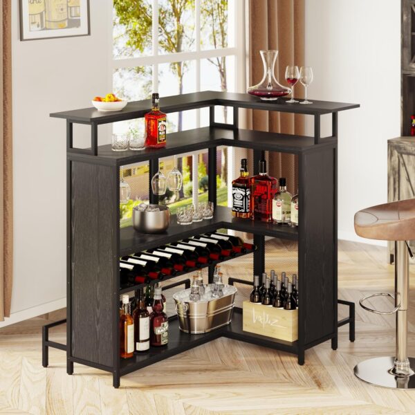 YITAHOME L Shaped Mini Home Bar Unit for Living Room with Music Sensing LED Light, Tall Bars Furniture Table with Wine Rack Alcohol Storage Glasses Hanger Footrest for Kitchen Pub, Black - Image 4