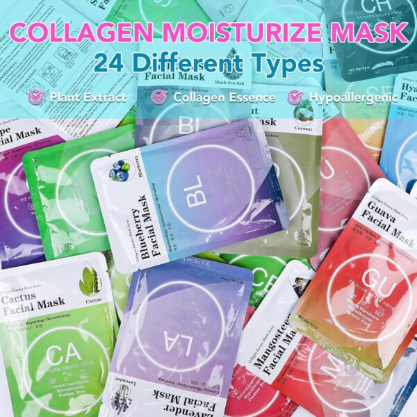 VESPRO 24 Pack Collagen Essence Sheet Facial Masks,Contain Natural Plant Extract and Sodium Hyaluronate,Skincare for All Skin Types,Moisturizing and Soothing,Natural Skin Care Spa Face Mask - Image 2