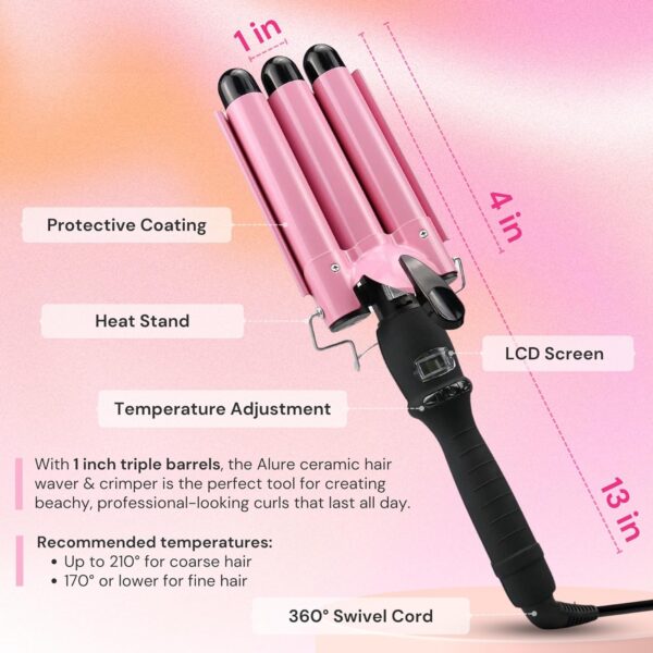 Alure Three Barrel Curling Iron Wand Hair Waver with LCD Temperature Display - 1 Inch Ceramic Tourmaline Triple Barrels, Dual Voltage Crimp - Image 6