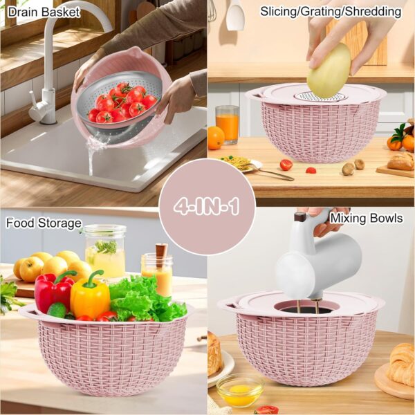 4 in 1 Colander with Mixing Bowl Set, Double-Layer Rotatable Colander Drain Basket with Lid and Slicer, Fruit Cleaner, Vegetable Washing, Rice Rinser Strainer for Homes Kitchen (Pink) - Image 2