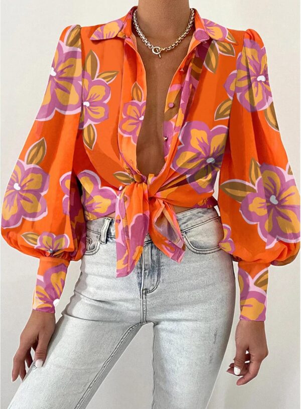 BTFBM Women Fashion Button Down Shirts Lapel V Neck Printed Solid Boho Long Sleeve Blouses Dressy Casual Summer Fall Top - Image 2