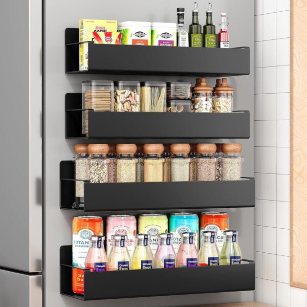 4 Pack Moveable Fridge Magnetic Spice Racks,Metal Black