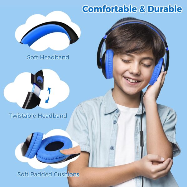 rockpapa Comfort+ Kids Headphones with Microphone, Boys Girls Student Over-Ear Headphones Wired for School Classroom Laptop PC Computer Tablet Black Blue - Image 2