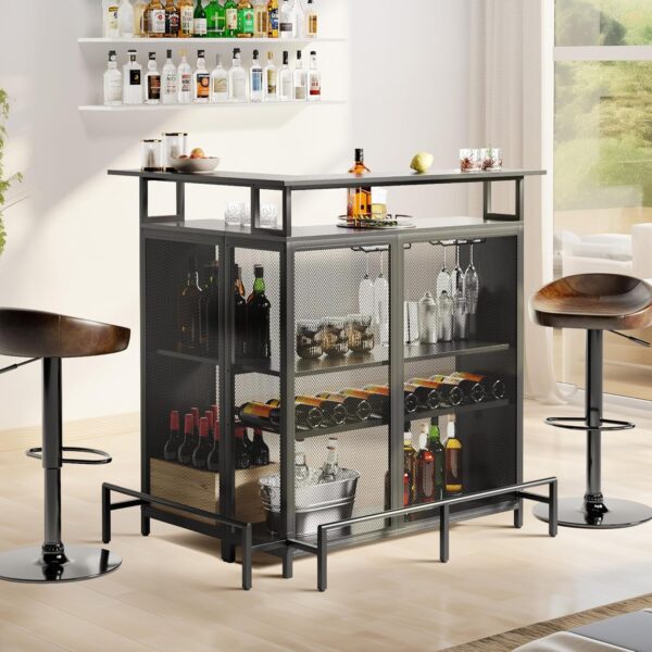 YITAHOME L Shaped Mini Home Bar Unit for Living Room with Music Sensing LED Light, Tall Bars Furniture Table with Wine Rack Alcohol Storage Glasses Hanger Footrest for Kitchen Pub, Black - Image 8