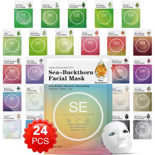 VESPRO 24 Pack Collagen Essence Sheet Facial Masks,Contain Natural Plant Extract and Sodium Hyaluronate,Skincare for All Skin Types,Moisturizing and Soothing,Natural Skin Care Spa Face Mask