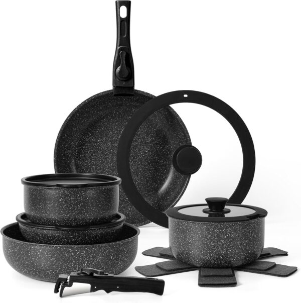 15Pcs Pots and Pans Set Non Stick, Cookware Sets with Detachable Handle, Nonstick RV Kitchen Cooking Set Removable Handles, Oven Safe, Induction Fast, Stackable Non-stick Set, Black