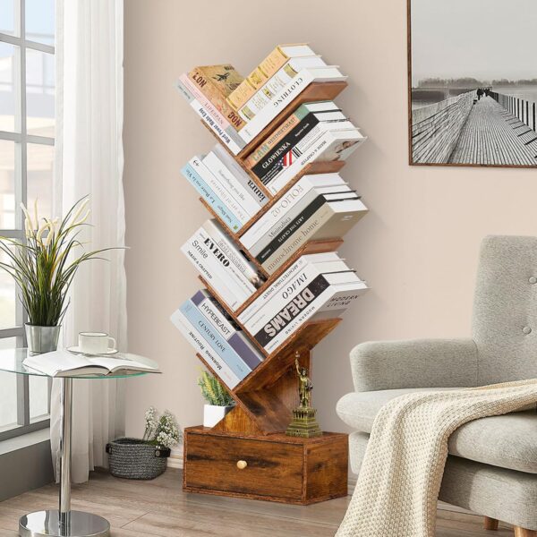 8 Tier Tree Bookshelf with Drawer, Free Standing Wood Bookcase for Narrow Space, Storage Organizer Bookshelves for Books, Book Case for Home Office, Living Room, Bedroom, Rustic Brown - Image 4