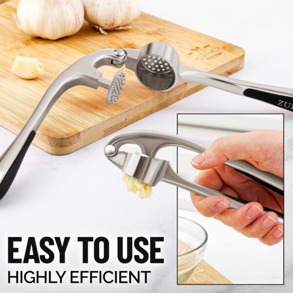 Zulay Kitchen Premium Garlic Press Set - Rust Proof & Dishwasher Safe Professional Garlic Mincer Tool - Easy-Squeeze, Easy-Clean with Soft, Ergonomic Handle - Silicone Garlic Peeler & Brush (Silver) - Image 9