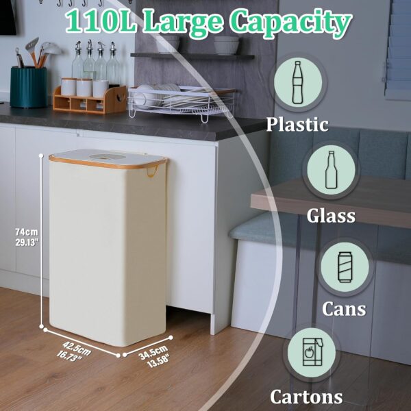 29 Gallon Recycling Bin for Kitchen, Indoor Home Recycle Bins with Lid, 110L Large Recycling bin with 2 Removeable Reusable Inner Bags, for Bottles Cans Glass Plastice Cartons(Beige) - Image 3