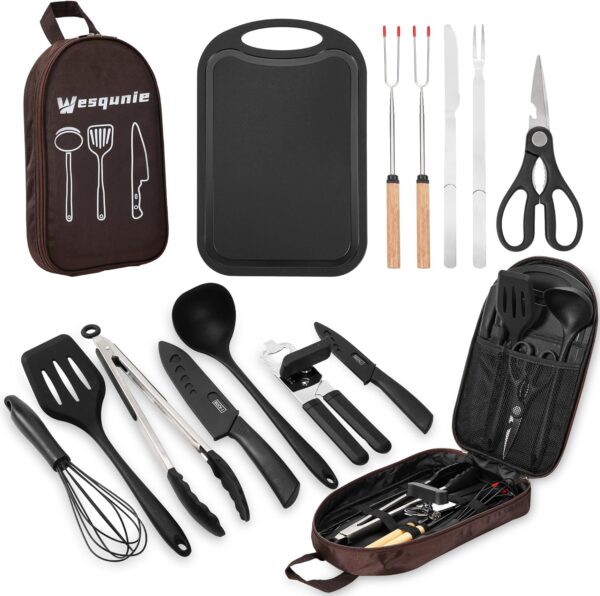 Camping Essentials Cookware Cooking Utensils Set - Camping Kitchen Utensils, Portable Outdoor Accessories, Stainless Steel & Silicone, Camping Gear Equipment for RV Picnic Grill