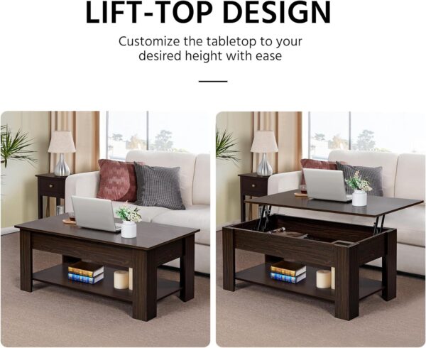 Yaheetech Lift Top Coffee Table with Hidden Compartment and Storage Shelf, Rising Tabletop Dining Table for Living Room Reception Room, 47.5in L, Espresso - Image 4