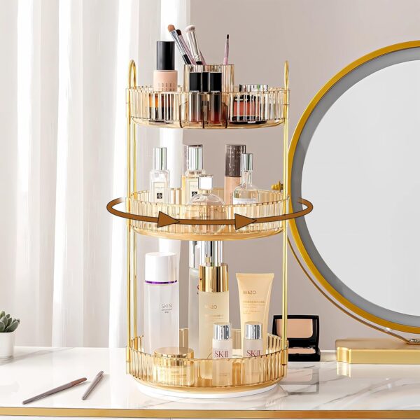 360 Rotating Makeup Organizer, Large Capacity Perfume Organizer for Dresser, Bathroom Counter Organizer with Makeup Brush Holder, Fits Vanity, Bedroom, Bathroom Countertop (3 Tiers, Gold)