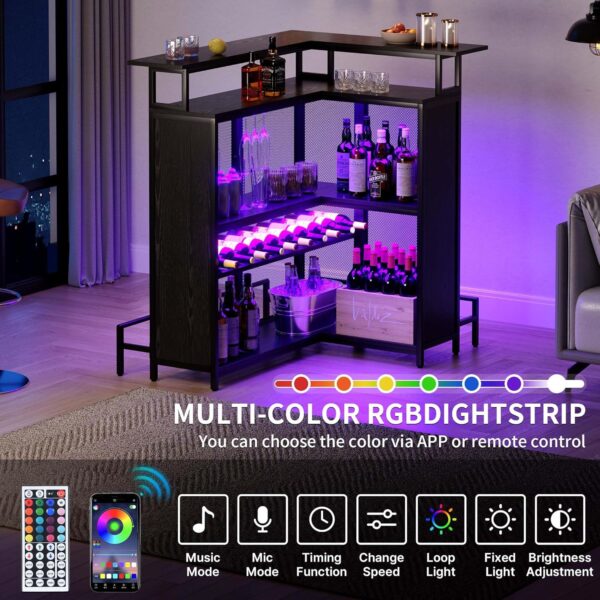 YITAHOME L Shaped Mini Home Bar Unit for Living Room with Music Sensing LED Light, Tall Bars Furniture Table with Wine Rack Alcohol Storage Glasses Hanger Footrest for Kitchen Pub, Black - Image 2