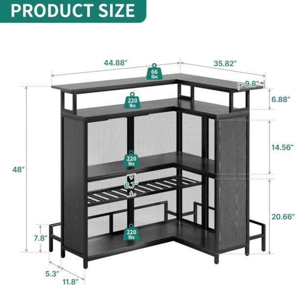 YITAHOME L Shaped Mini Home Bar Unit for Living Room with Music Sensing LED Light, Tall Bars Furniture Table with Wine Rack Alcohol Storage Glasses Hanger Footrest for Kitchen Pub, Black - Image 3