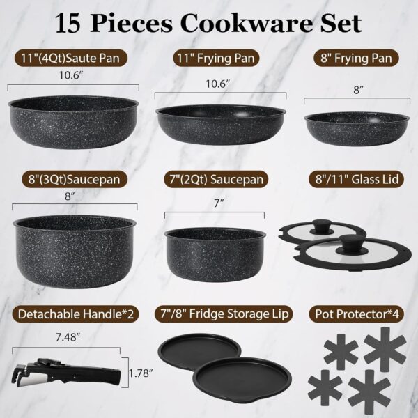 15Pcs Pots and Pans Set Non Stick, Cookware Sets with Detachable Handle, Nonstick RV Kitchen Cooking Set Removable Handles, Oven Safe, Induction Fast, Stackable Non-stick Set, Black - Image 2