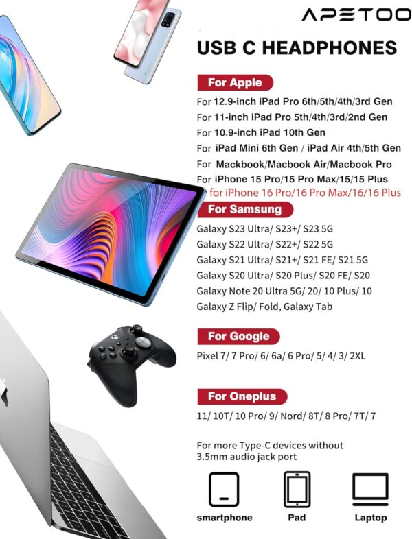 USB C Headphones for iPad Pro iPhone 15 16 Pro,USB Type C Earphones HiFi Stereo USB C Wired Earbuds with Microphone Volume Control for Samsung S23 Ultra S22 S21 Note20 A54,Pixel 7 6 6a 5 4,OnePlus 9 - Image 4