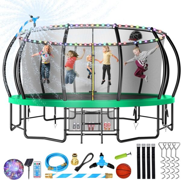 16 15 14 12 10FT Upgrade Outdoor Trampoline for Kids and Adults, Pumpkin Trampolines with Curved Poles, Recreational Trampoline with Sprinkler