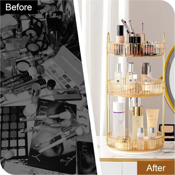 360 Rotating Makeup Organizer, Large Capacity Perfume Organizer for Dresser, Bathroom Counter Organizer with Makeup Brush Holder, Fits Vanity, Bedroom, Bathroom Countertop (3 Tiers, Gold) - Image 2