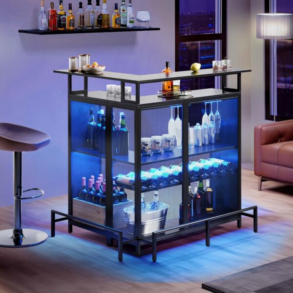 YITAHOME L Shaped Mini Home Bar Unit for Living Room with Music Sensing LED Light, Tall Bars Furniture Table with Wine Rack Alcohol Storage Glasses Hanger Footrest for Kitchen Pub, Black - Image 5