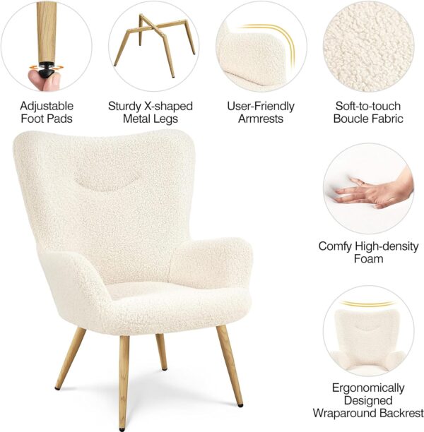 Yaheetech Boucle Vanity Chair, Modern Fluffy Accent Chair, Armchair with High Back and Wood-Tone Metal Legs, Downy Barrel Chair Soft Backrest for Living Room Bedroom Home Office, Ivory - Image 5