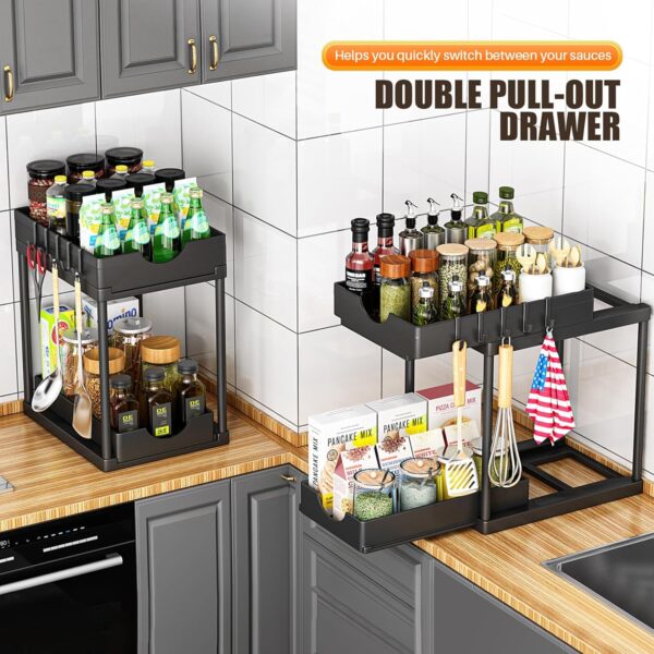 2 Pack Double Sliding Under Sink Organizers and Storage,Two Tier Bathroom Storage and organization,Under Cabinet Organizer with Hooks,Home Organization,Black - Image 4