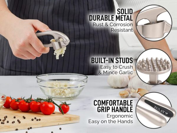 Zulay Kitchen Premium Garlic Press Set - Rust Proof & Dishwasher Safe Professional Garlic Mincer Tool - Easy-Squeeze, Easy-Clean with Soft, Ergonomic Handle - Silicone Garlic Peeler & Brush (Silver) - Image 5