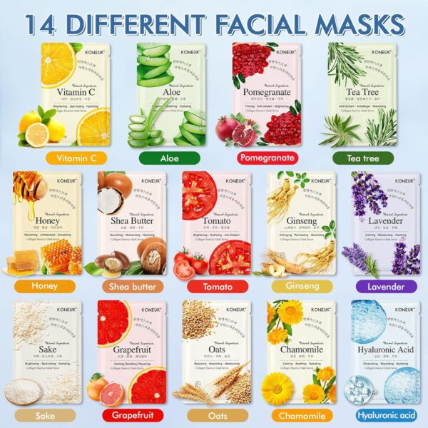 14 Pack Sheet Face Masks Skincare for All Skin Types, Hydrating Face Masks Suitable for Sensitive Skin, Bulk Facial Mask Set for Women Skin Care, Face Mask Gifts Set for Face Spa - Image 3