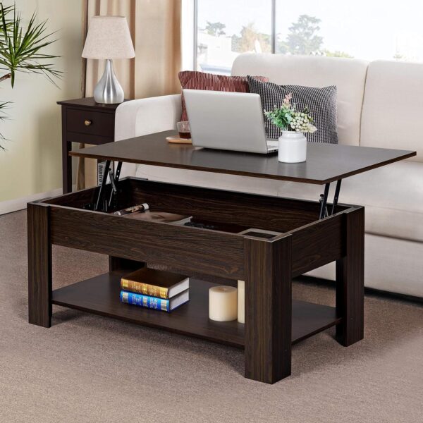 Yaheetech Lift Top Coffee Table with Hidden Compartment and Storage Shelf, Rising Tabletop Dining Table for Living Room Reception Room, 47.5in L, Espresso - Image 2