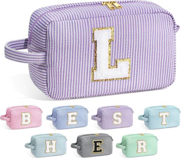 YOOLIFE Makeup Bag - Initial Makeup Bag Cosmetic Bag, Monogram Initial Makeup Bags, Cosmetic Bag, Make Up Bag, Travel Cute Makeup Pouch Makeup Case, Personalized Purple Makeup Bags for Women L