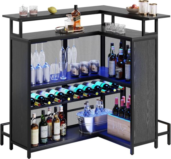 YITAHOME L Shaped Mini Home Bar Unit for Living Room with Music Sensing LED Light, Tall Bars Furniture Table with Wine Rack Alcohol Storage Glasses Hanger Footrest for Kitchen Pub, Black